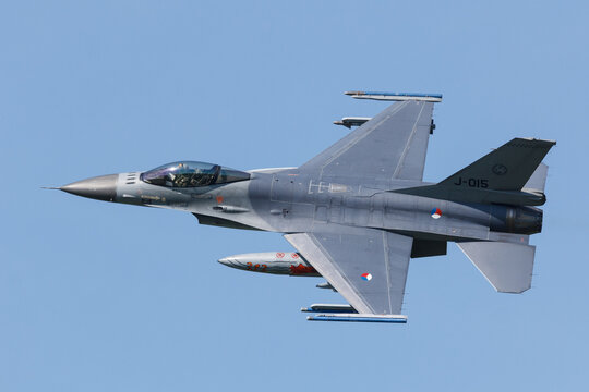 Leeuwarden, Netherlands April 18, 2018: A RNLAF F-16 during the Frisian Flag exercise