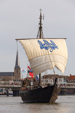 Kampen, The Netherlands - March 30, 2018: the Cog of Kampen during the fleet show at Sail Kampen