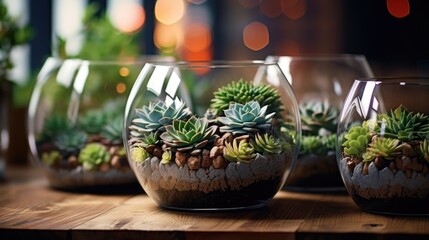 A group of small potted plants sit on a wooden table