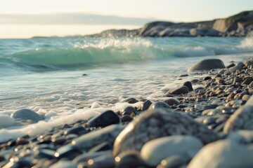 The ocean waves are crashing against the rocks, creating a beautiful