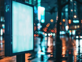 A white billboard is on a pole in a city street