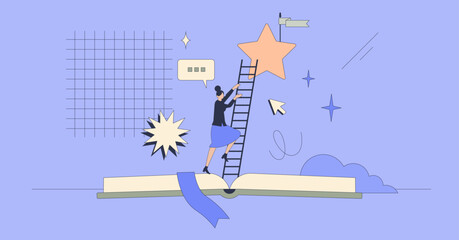 Professional development and improvement neubrutalism tiny person concept. Personal career growth with learning and new skills education vector illustration. Employee motivation and work ambitions.