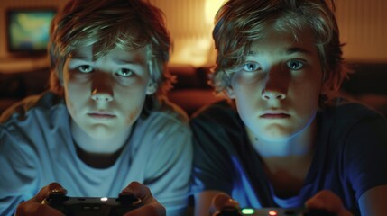 Two young boys are playing a video game together, both holding controllers
