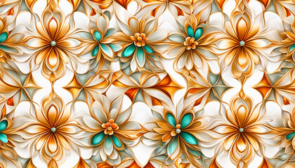 Fototapeta premium Hintergrund und Vorlage floraler Muster gleichmäßiger Struktur aus Blättern und Blüten glänzend wie buntes Bleiglas Glas mit Gold Einfasung 3D Ornament zur Gestaltung frischer Frühling Sommer Grüße