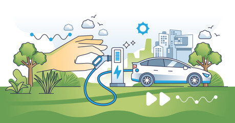 Sustainable transportation and electric vehicles usage outline hands concept, transparent background. EV as environmental and nature friendly alternative with zero CO2 emissions illustration. - obrazy, fototapety, plakaty
