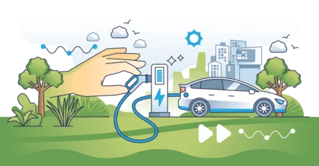 Fototapeten Sustainable transportation and electric vehicles usage outline hands concept, transparent background. EV as environmental and nature friendly alternative with zero CO2 emissions illustration. © VectorMine