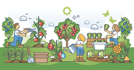 Obraz premium Edible landscaping and growing you own organic and fresh food outline concept, transparent background. Sustainable lifestyle with local vegetables and fruits growing illustration.