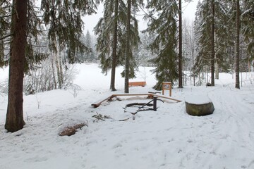 View of Sorsakorpi recreational area campfire site in cloudy winter weather, Kerava, Finland.