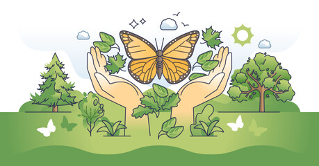Biodiversity hands as natural habitat and species protection outline concept, transparent background. Nature and climate balance awareness with flora and fauna protection illustration.