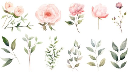 Fototapeta premium A collection of watercolor flowers and leaves