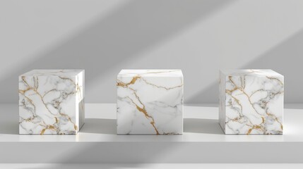 Three white marble cubes with gold accents on them. The cubes are arranged on a shelf, with one on the left, one in the middle, and one on the right