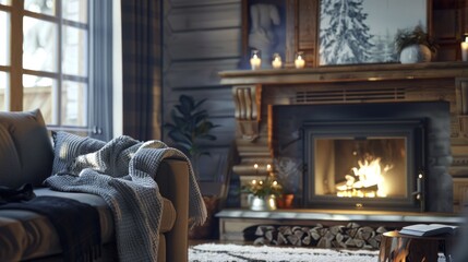 A cozy living room with a fireplace and a couch covered in a blanket. The room has a warm and inviting atmosphere, perfect for relaxing and spending time with family and friends