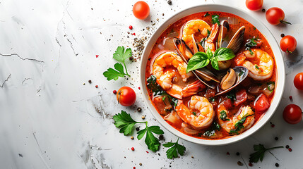 Cioppino seafood stew with shrimp and mussels in bowl. Gourmet cuisine with copy space for design and print. Flat lay food photography - obrazy, fototapety, plakaty