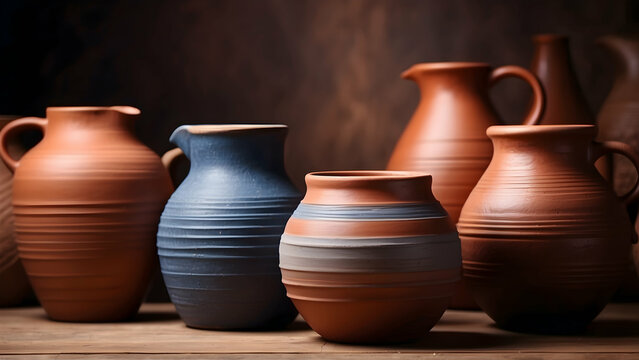 Skillfully crafted pottery pieces displayed, highlighting the simplicity of earthenware and the artisan's craftsmanship in various shapes and textures