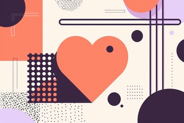 A heart is drawn in the middle of a patterned background. The background is made up of circles and squares, with some of the circles being larger than others. The heart is surrounded by a lot of dots