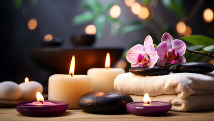 Spa concept displaying lit candles, orchid, towels, and zen stones for a calming and relaxing atmosphere