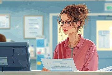 Focused healthcare receptionist managing patient documentation