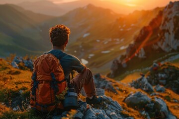 Naklejka premium A man is sitting on a mountain top with a backpack on