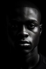 Obraz premium A man with a dark face and a black shirt. The man is looking at the camera. The image is in black and white