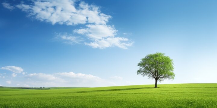 A tree stands in a field of grass with a clear blue sky above. The scene is peaceful and serene, with the tree providing a sense of calm and tranquility. The vast expanse of grass
