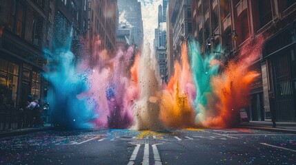 Vibrant Powder Explosion Transforms Bustling City Street into a Magical Wonderland of Color and Joy