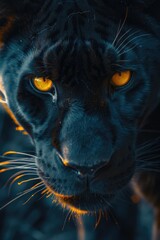 Obraz premium A close up of a black tiger's face with yellow eyes