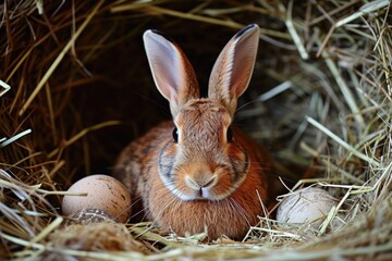 Obraz premium A rabbit is laying in a nest with eggs