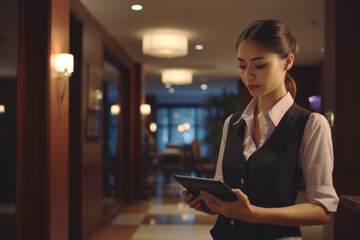 A woman in a black vest is looking at a tablet. She is wearing a white shirt and has her hair in a bun. Concept of professionalism and focus as the woman uses the tablet to complete her tasks - Powered by Adobe