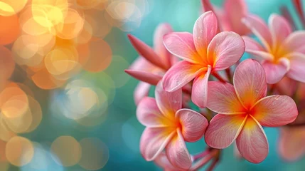 Deurstickers Banner of pink frangipani plumeria flowers with copy space on blue background and golden bokeh. © Mariia