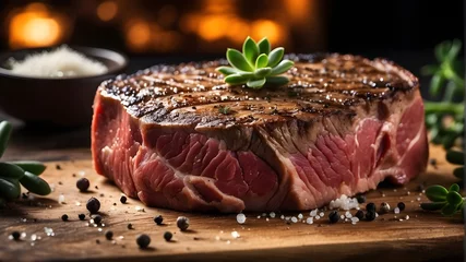 Fotobehang A succulent raw beef steak resting on a wooden cutting board, its marbled texture glistening under the soft glow of studio lighting. The steak is perfectly seasoned, with specks of salt and pepper vis © Waqasiii_Arts 