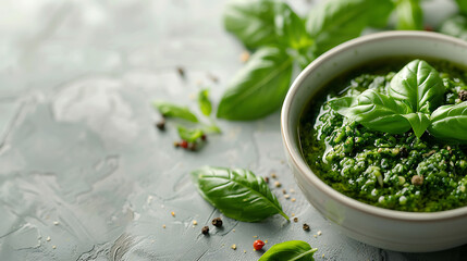 Obraz na płótnie Canvas Bowl of Pesto alla Genovese with fresh basil leaves on a white textured background. Traditional Italian sauce close-up for design and print. Culinary herb concept with copy space