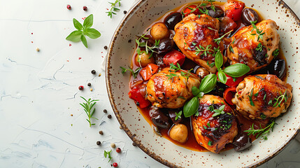 Bowl of Pollo alla Cacciatora (Chicken Cacciatore) with tomatoes and herbs on a textured background. Italian cuisine close-up for design and print. Hearty meal concept with copy space