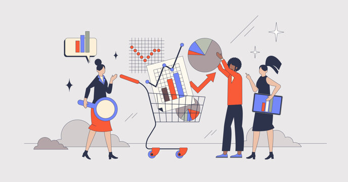 E-commerce analytics and sales calculation neubrutalism tiny person concept. Business data research using audit and financial charts with profit information vector illustration. Company development.