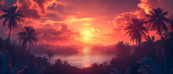 Obraz na płótnie Canvas Seascape orange color forest season travel, sunset over tropical island