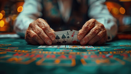 A person is playing poker, with their hands holding cards and chips on the table in front of them. - Powered by Adobe