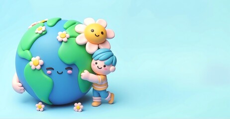 Plasticine clay 3D cute Earth with boy, Earth Day	