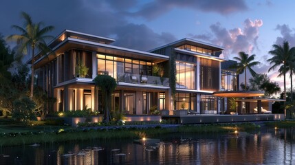 3d rendering of modern house by the river at morning, house, luxury, villa, modern, architecture, building, exterior, residential, property, designer