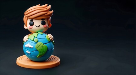 Plasticine clay 3D cute Earth with boy, Earth Day	