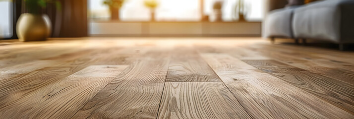 A closeup shot of a brown hardwood plank flooring with a blurred background, showcasing the natural wood grain pattern and beige tones