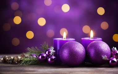 Obraz na płótnie Canvas Purple candles with Christmas decor