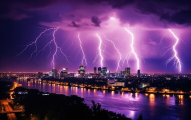 Naklejka na ściany i meble Thunderstorm over city skyline at night