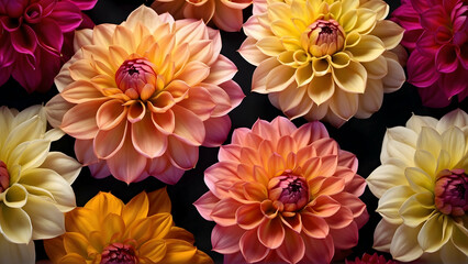 Close up of various colorful Dahlias with a focus on the intricate petal patterns and captivating natural colors