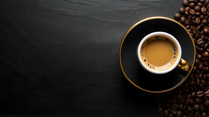 An overhead view of a stylish coffee cup with a golden rim filled with coffee on a dark textured...
