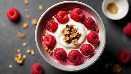 Top-down view of luscious yogurt enriched with raspberries and a sprinkle of granola, against a...