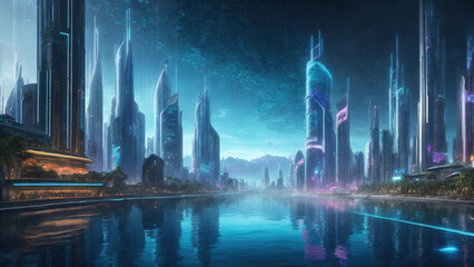 Painting in blue tones of a futuristic fantasy city.
