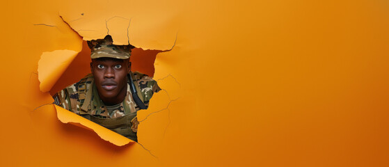 A focused soldier gazes through a hole in an orange paper background, depicting readiness