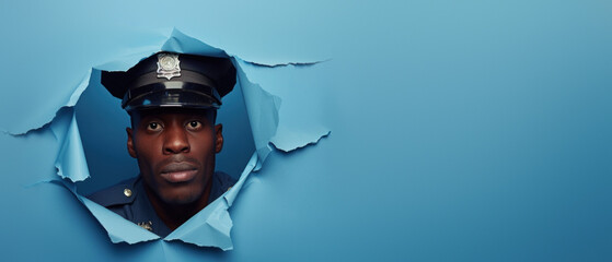 A police officer looks seriously through a break in blue paper, indicating alertness and readiness - obrazy, fototapety, plakaty