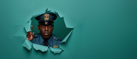 A uniformed police officer looking through a circular hole in green torn paper with a serious expression - obrazy, fototapety, plakaty