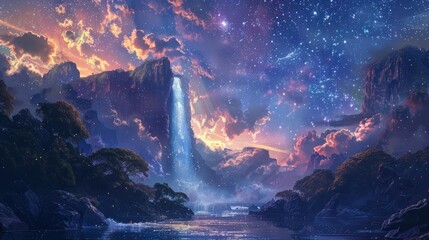 Celestial Cascade A Majestic Waterfall Descending from the Heavens Reflecting Shimmering Starlight on a Cosmic Voyage - obrazy, fototapety, plakaty