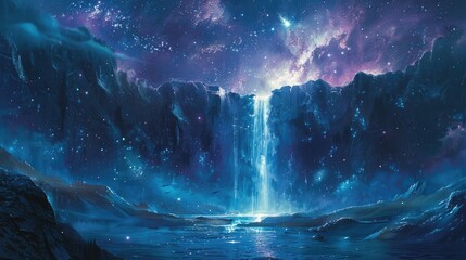 Naklejka na ściany i meble Celestial Cascade A Majestic Waterfall Descends from the Heavens Reflecting the Shimmering Light of Distant Stars